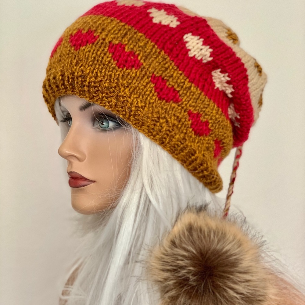 Hand Knits 2 Love Beanie Slouch Hat Cap Hearts Hip